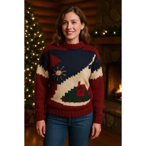 Vintage 80s–90s Greek Wool Holiday Sweater Cabin Scene Cottagecore